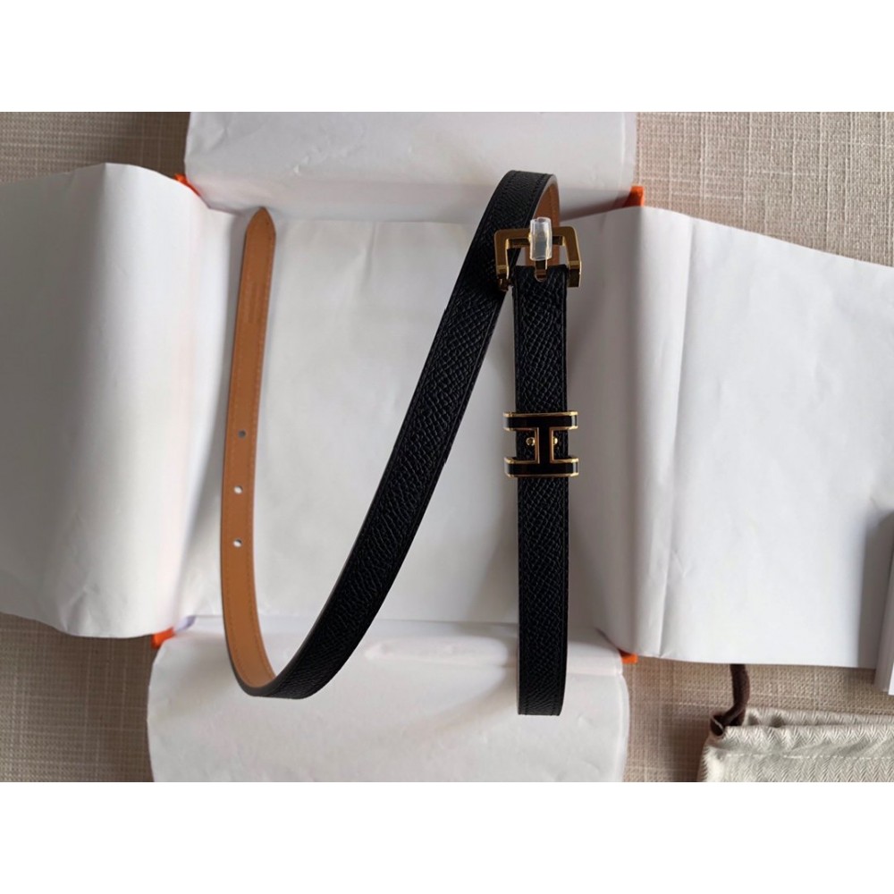 Hermes Calf Leather Gold Plated Steel Pin Buckle 15mm Belt For Women Black