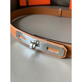 Hermes New Soho Calf Leather Fine Steel Silver Buckle Belt Orange