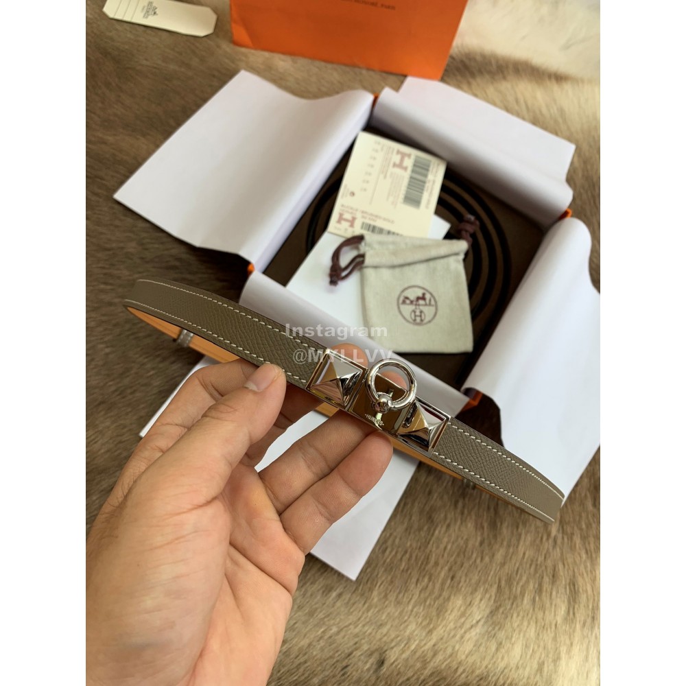 Hermes Calf Leather Stainless Steel Silver Buckle 18mm Kelly Belt Coffee