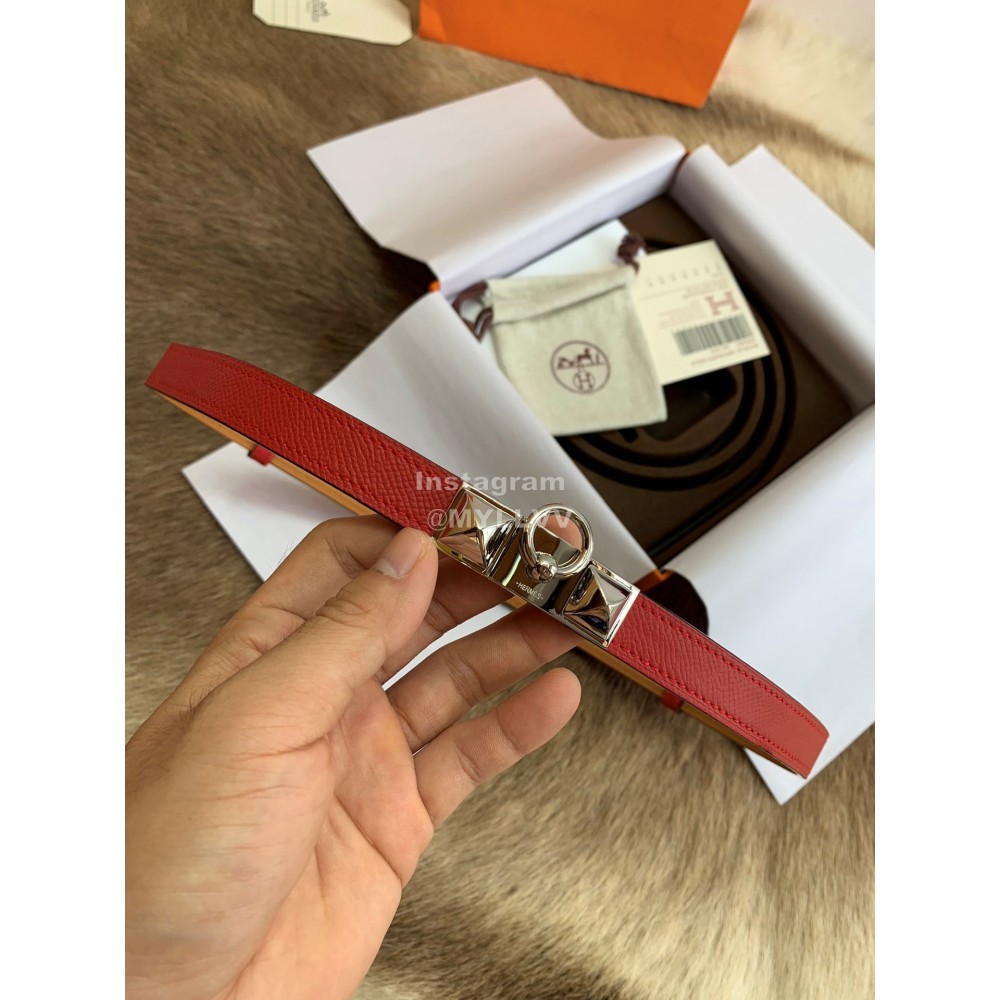 Hermes Calf Leather Stainless Steel Silver Buckle 18mm Kelly Belt Red