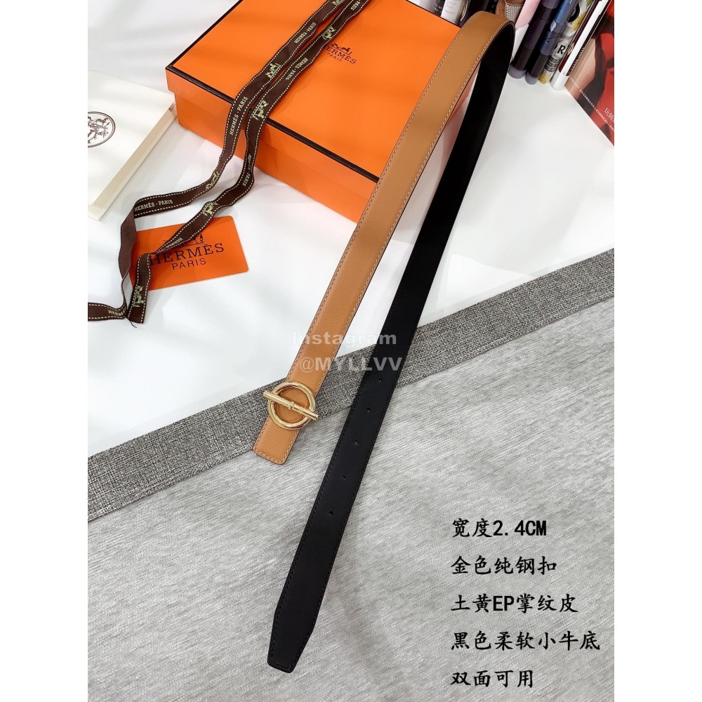 Hermes Soft Palm Calf Leather Pure Steel Buckle 24mm Belt For Women Brown