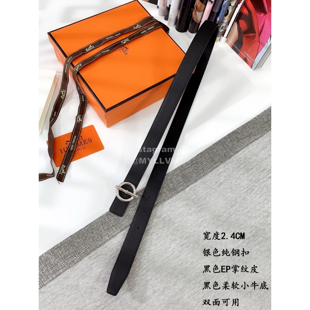 Hermes Soft Palm Calf Leather Pure Steel Buckle 24mm Belt For Women Black