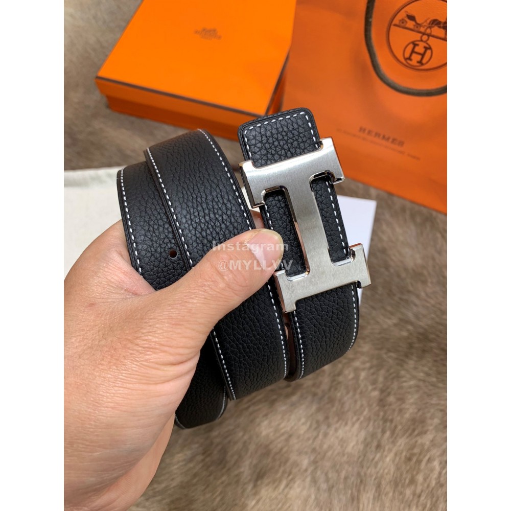 Hermes Litchi Grain Togo Leather Pure Steel Buckle 32mm Belt Black