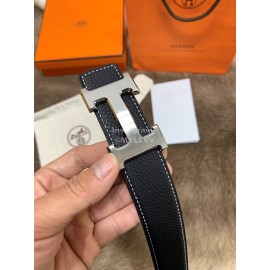 Hermes Litchi Grain Togo Leather Pure Steel Buckle 32mm Belt Black