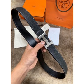 Hermes Litchi Grain Togo Leather Pure Steel Buckle 32mm Belt Black