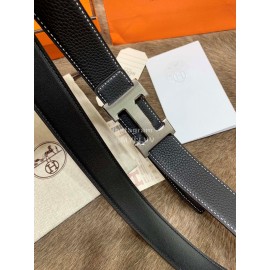 Hermes Litchi Grain Togo Leather Pure Steel Buckle 32mm Belt Black