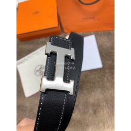 Hermes Litchi Grain Togo Leather Pure Steel Buckle 32mm Belt Black