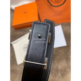 Hermes Litchi Grain Togo Leather Pure Steel Buckle 32mm Belt Black