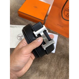 Hermes Litchi Grain Togo Leather Pure Steel Buckle 32mm Belt Black