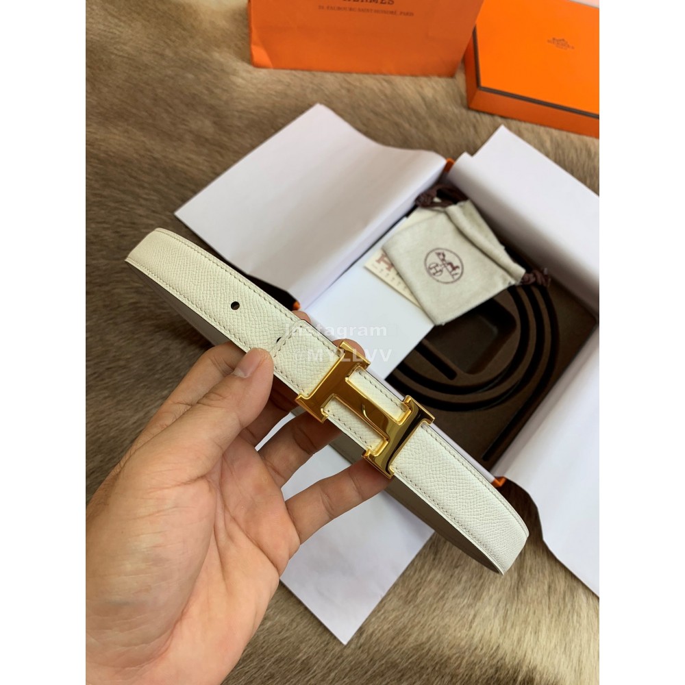 Hermes Palm Calf Leather Pure Steel Buckle 25mm Belt For Women White
