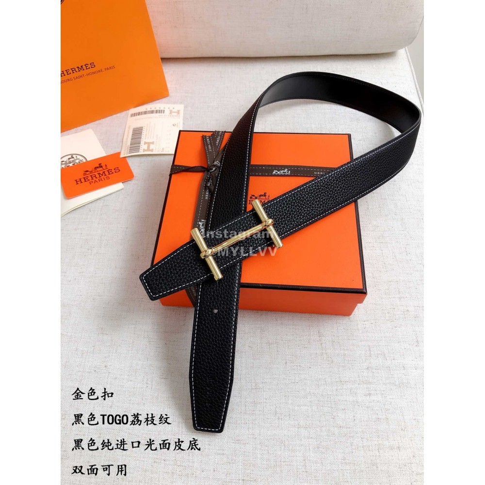 Hermes Black Togo Litchi Grain Leather Gold Buckle 38mm Belt 