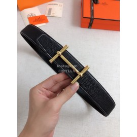 Hermes Black Togo Litchi Grain Leather Gold Buckle 38mm Belt 