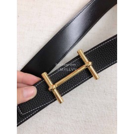 Hermes Black Togo Litchi Grain Leather Gold Buckle 38mm Belt 