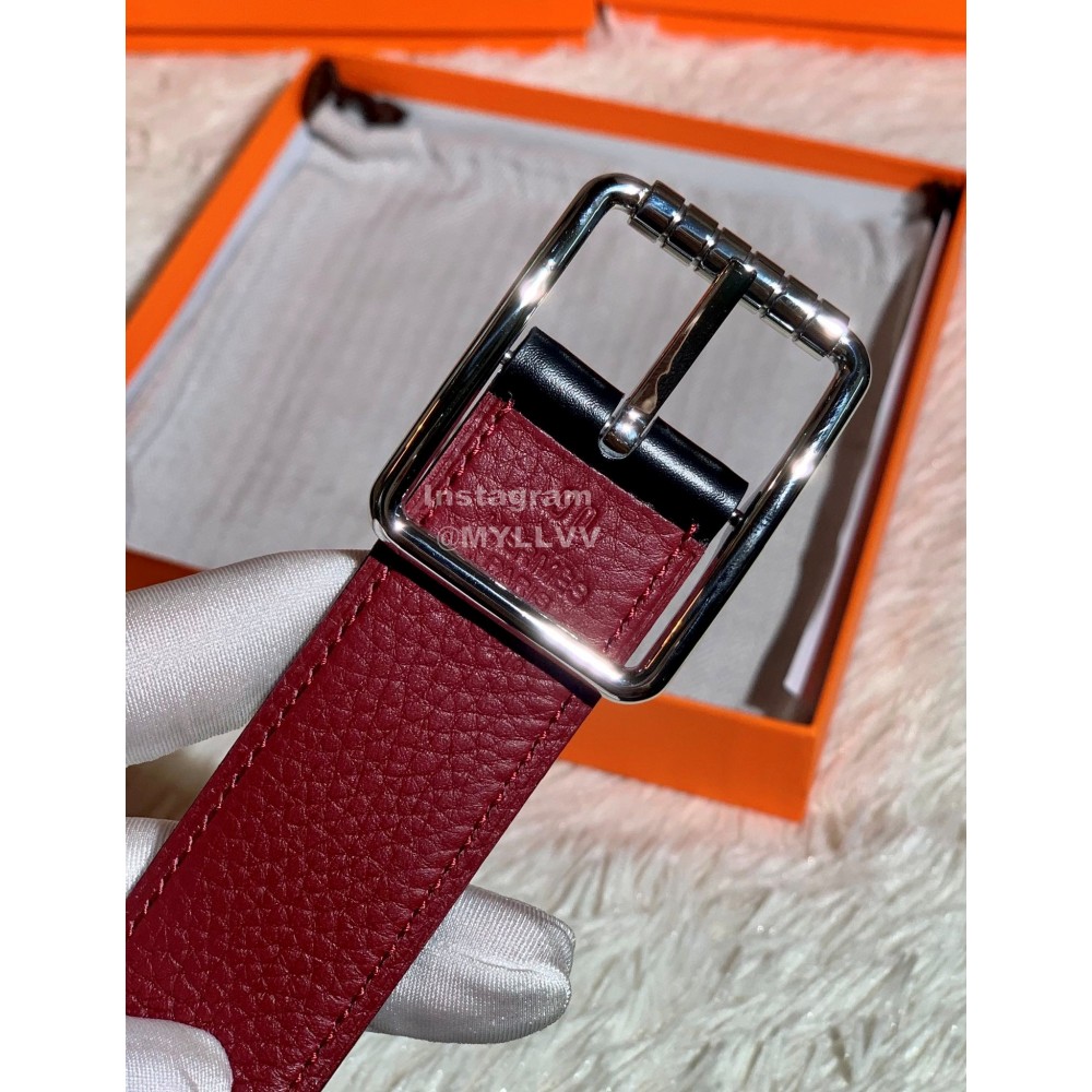 Hermes New Togo Leather Pure Steel Pin Buckle 32mm Belt Wine Red