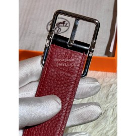 Hermes New Togo Leather Pure Steel Pin Buckle 32mm Belt Wine Red