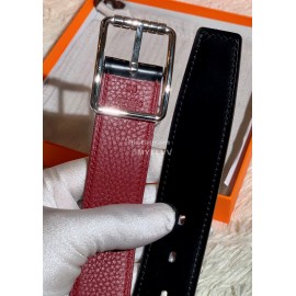 Hermes New Togo Leather Pure Steel Pin Buckle 32mm Belt Wine Red