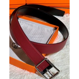 Hermes New Togo Leather Pure Steel Pin Buckle 32mm Belt Wine Red