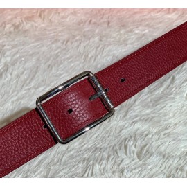 Hermes New Togo Leather Pure Steel Pin Buckle 32mm Belt Wine Red