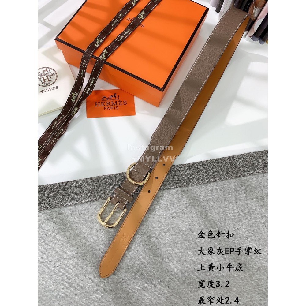 Hermes Palm Calf Leather Pure Steel Gold Pin Buckle Belt 