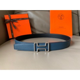 Hermes Double Side Calf Leather Metal Buckle 32mm Belt Blue