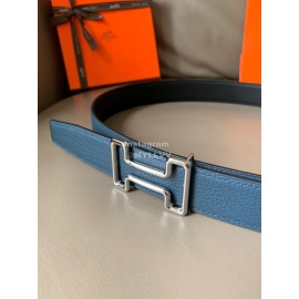 Hermes Double Side Calf Leather Metal Buckle 32mm Belt Blue