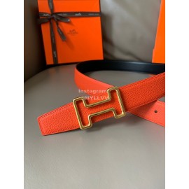 Hermes Double Side Calf Leather Metal Buckle 32mm Belt Orange Red