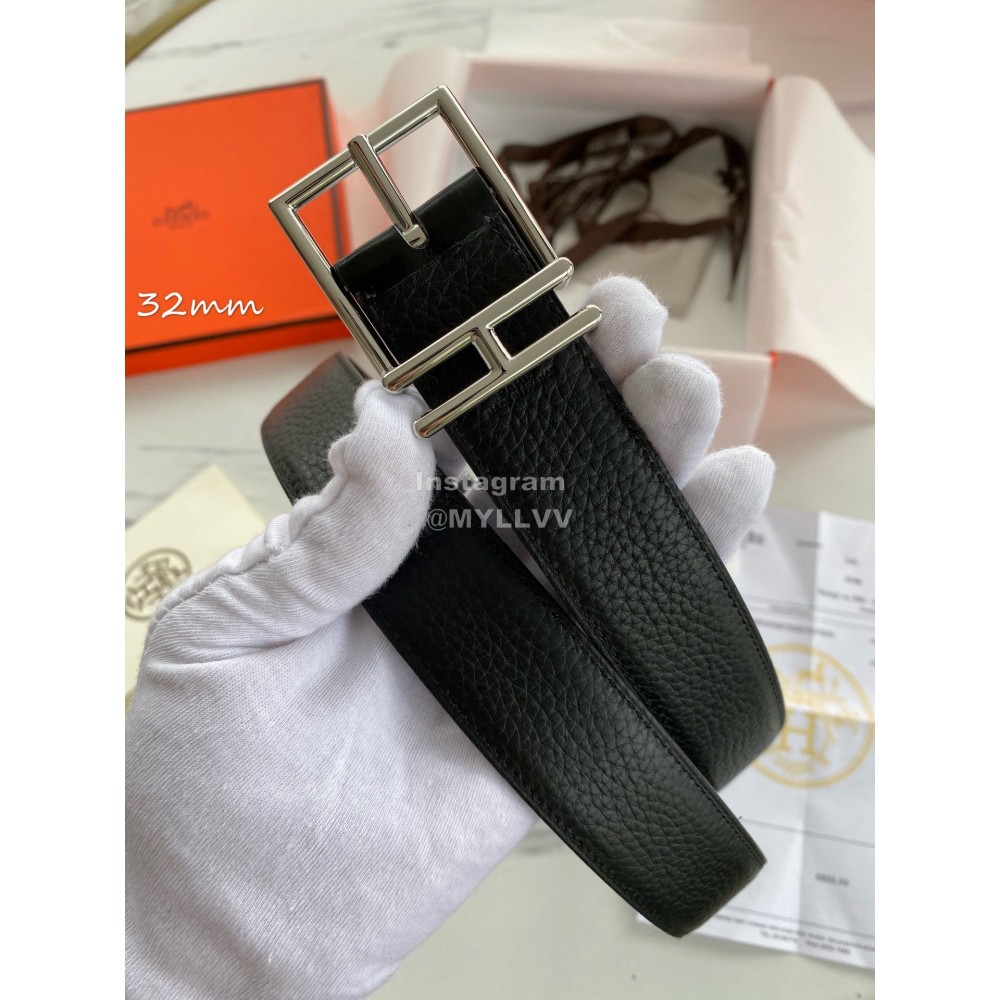 Hermes Double Side Calf Leather Silver Pin Buckle 32mm Belt