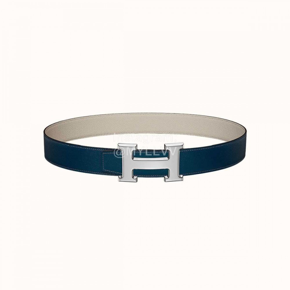 Hermes Double Side Calf Leather Silver H Buckle 38mm Belt Blue