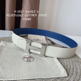 Hermes Double Side Calf Leather Silver H Buckle 38mm Belt Blue