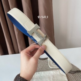 Hermes Double Side Calf Leather Silver H Buckle 38mm Belt Blue