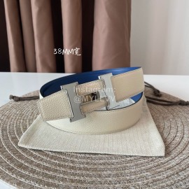 Hermes Double Side Calf Leather Silver H Buckle 38mm Belt Blue