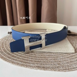 Hermes Double Side Calf Leather Silver H Buckle 38mm Belt Blue