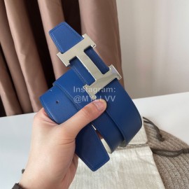 Hermes Double Side Calf Leather Silver H Buckle 38mm Belt Blue