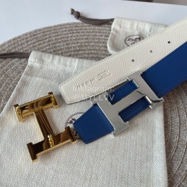 Hermes Double Side Calf Leather Silver H Buckle 38mm Belt Blue