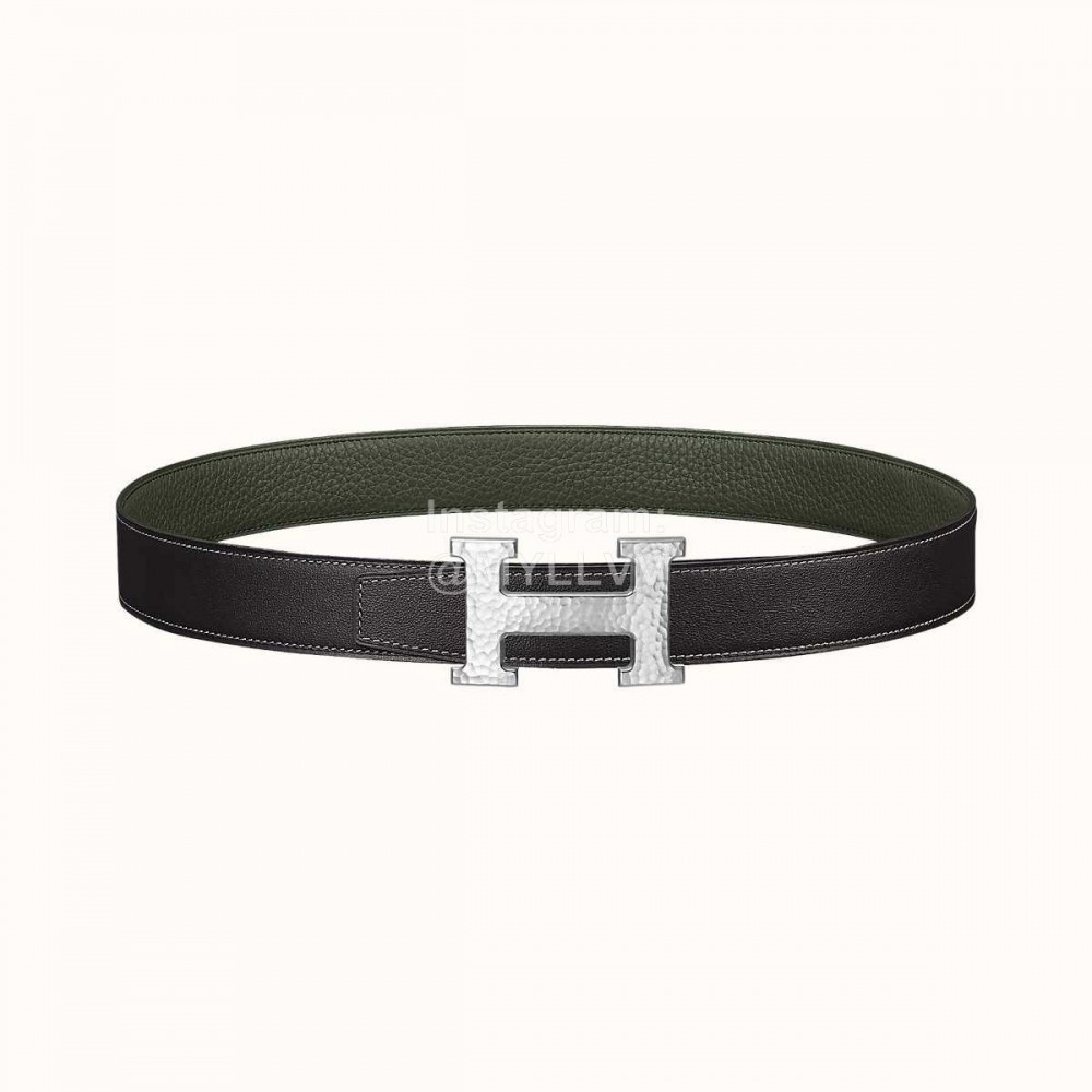 Hermes Double Side Calf Leather Silver H Buckle 38mm Belt Green