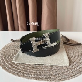 Hermes Double Side Calf Leather Silver H Buckle 38mm Belt Green