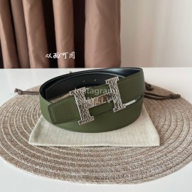 Hermes Double Side Calf Leather Silver H Buckle 38mm Belt Green