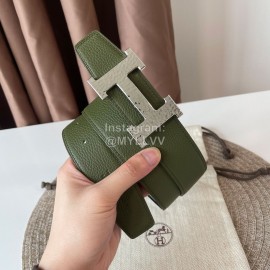 Hermes Double Side Calf Leather Silver H Buckle 38mm Belt Green