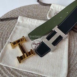 Hermes Double Side Calf Leather Silver H Buckle 38mm Belt Green