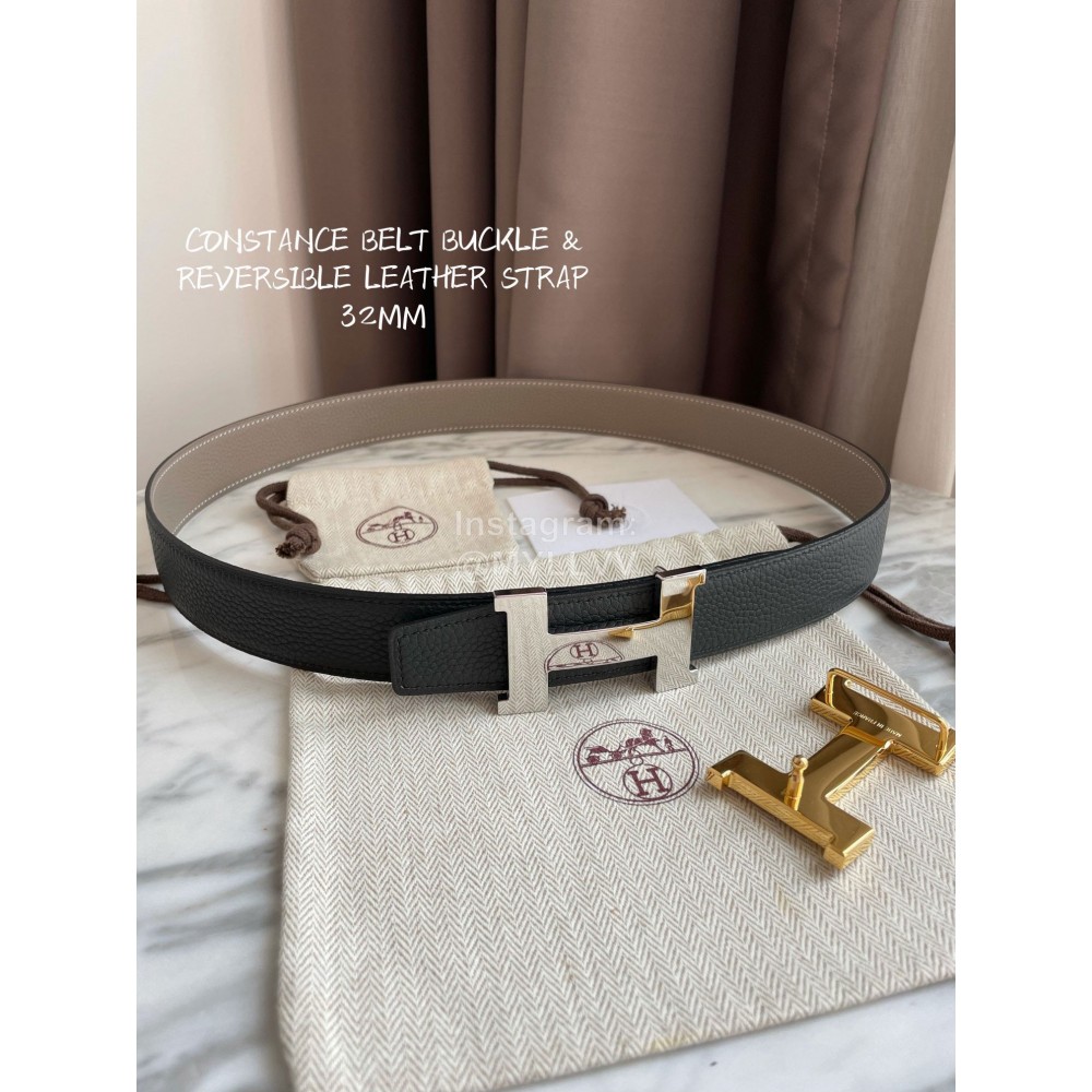 Hermes Constance Belt Gold Buckle Reversible Leather Strap 32mm Gray