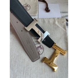 Hermes Constance Belt Gold Buckle Reversible Leather Strap 32mm Gray