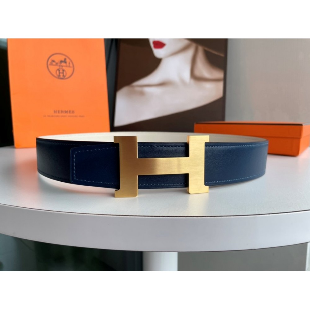 Hermes Fashion Double Side Calf Leather Gold H Buckle 38mm Belt White