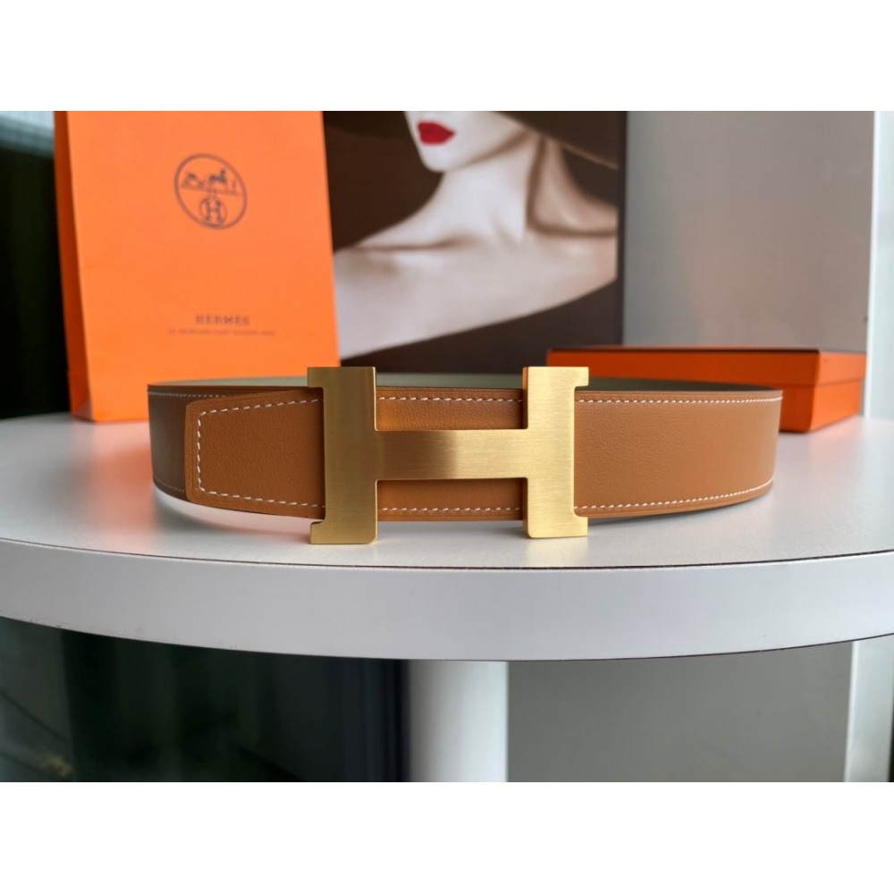Hermes Fashion Double Side Calf Leather Gold H Buckle 38mm Belt Brown