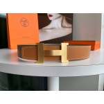 Hermes Fashion Double Side Calf Leather Gold H Buckle 38mm Belt Brown