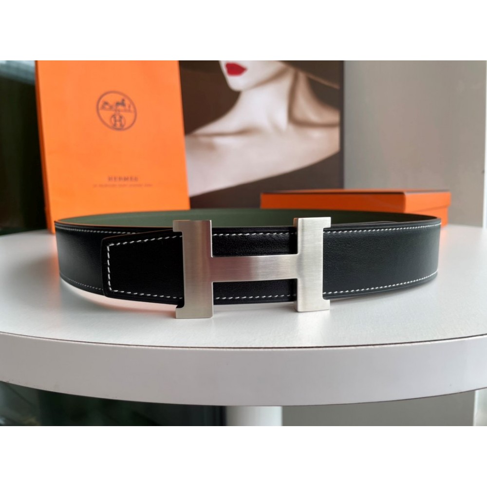 Hermes Fashion Double Side Calf Leather Silver H Buckle 38mm Belt Green