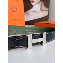 Hermes Fashion Double Side Calf Leather Silver H Buckle 38mm Belt Green