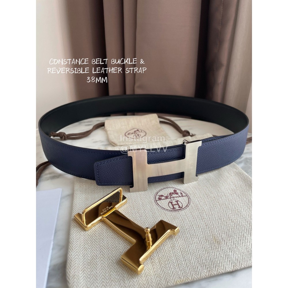 Hermes Constance Belt Buckle Reversible Leather Strap 38mm Blue