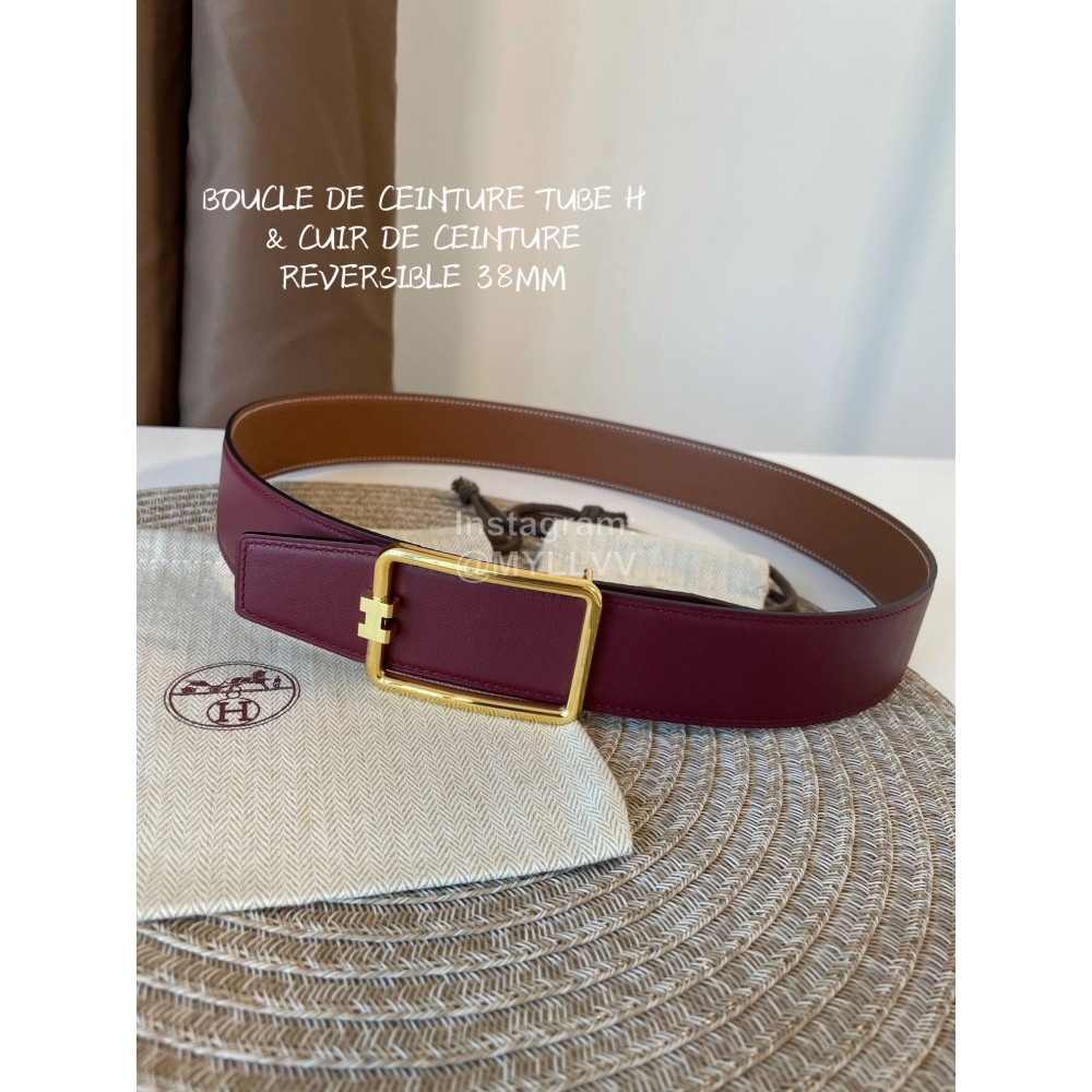 Hermes Fashion Leather Gold Buckle Reversible Strap 38mm Wine Red