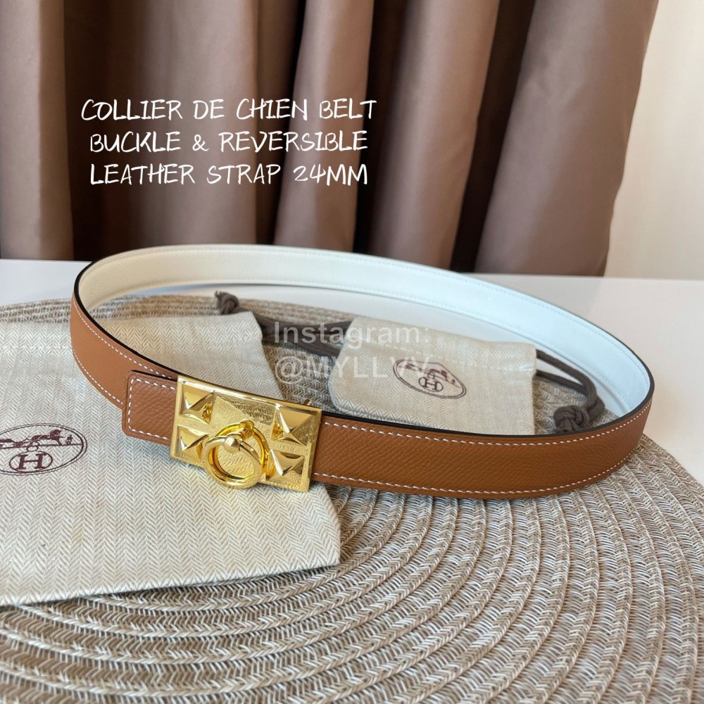 Hermes Fashion Leather Gold Buckle Reversible Belt 24mm 