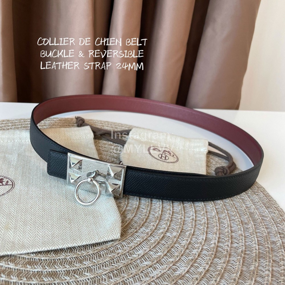 Hermes Fashion Leather Silver Buckle Reversible Belt 24mm 